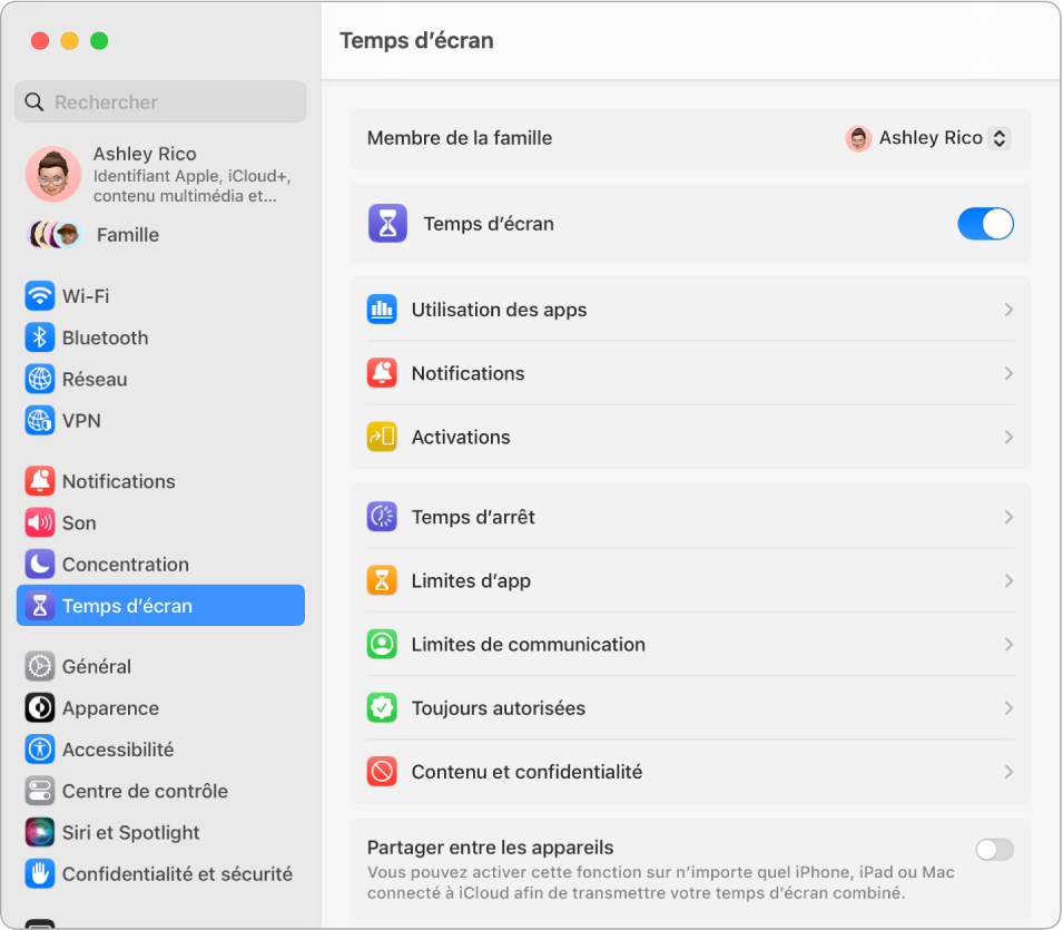 Fenêtre des réglages « Temps d’écran » avec des options permettant d’obtenir des statistiques concernant « Utilisation des apps », Notifications et Activations, ainsi que des options de gestion de « Temps d’écran » (programmation d’un temps d’arrêt, configuration des limites d’app et de communication, etc.).