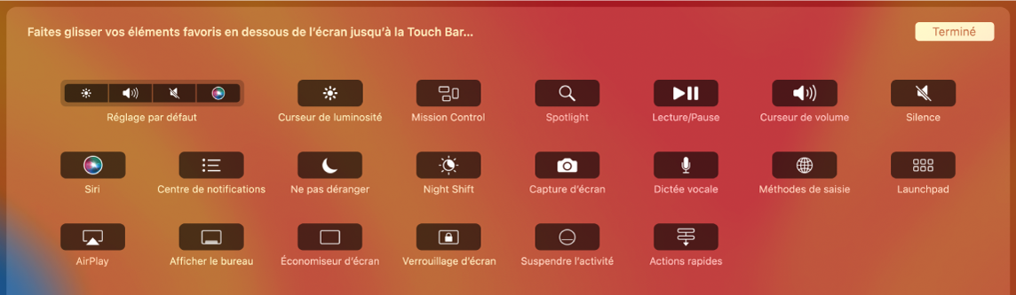 Éléments que vous pouvez personnaliser dans la Control Strip en les faisant glisser dans la Touch Bar.