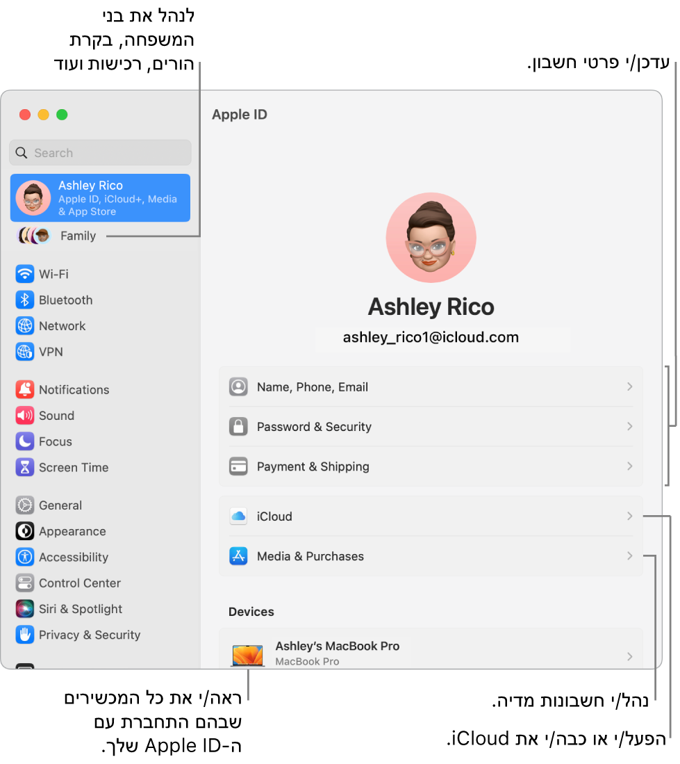 הגדרות Apple ID בתוך ״הגדרות המערכת״ עם הסברים על עדכון פרטי החשבון, הפעלה או כיבוי של מאפייני iCloud, ניהול חשבונות מדיה ו״משפחה״, שם ניתן לנהל בני משפחה, בקרי הורים, רכישות ועוד.