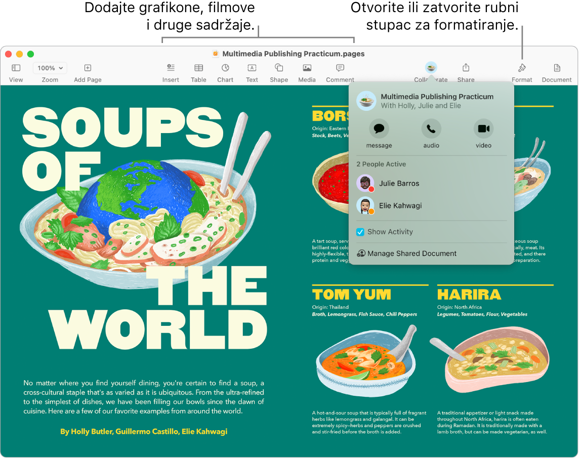 Prozor aplikacije Pages s prikazom Streama aktivnosti pod tipkom Suradnja u alatnoj traci, s dvije aktivne osobe. Postoje oblačići za dodavanje grafikona, filmova i ostalog u alatnoj traci, te oblačić za Otvori ili Zatvori rubni stupac Format.