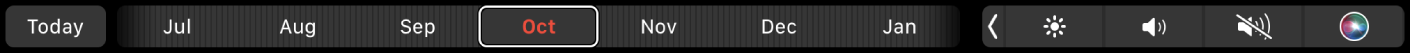 Touch Bar u prozoru Kalendar s tipkom Danas i kliznikom za odabir mjeseca.