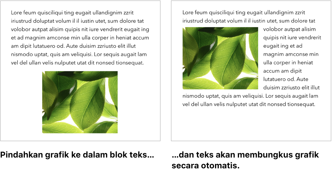 Jendela Pages menampilkan cara teks dibungkus di sekitar grafik.