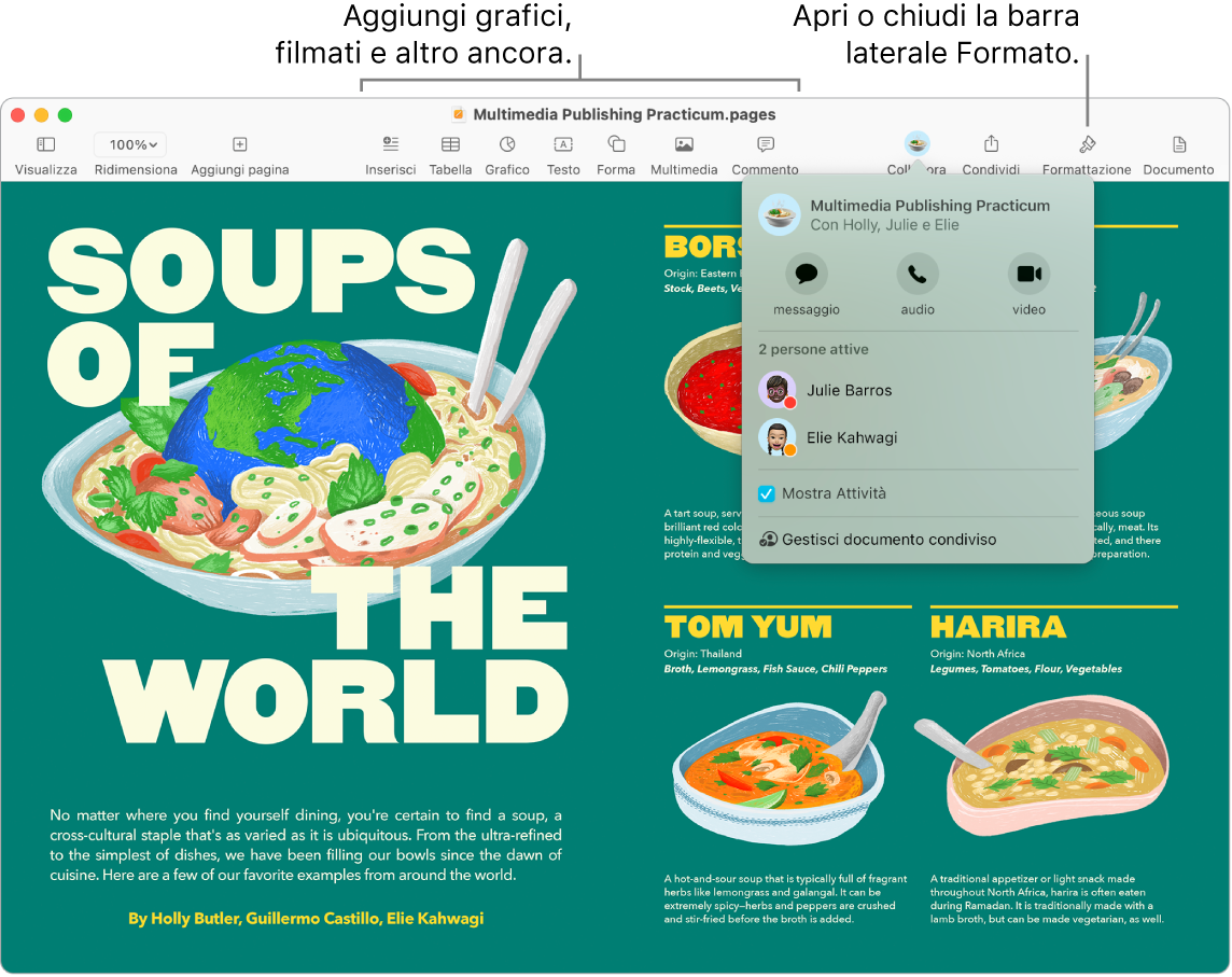 Una finestra di Pages che mostra lo stream attività sotto il pulsante Collabora nella barra degli strumenti, con due persone attive. Sono presenti didascalie per aggiungere grafici, filmati e altro ancora nella barra degli strumenti e una didascalia per aprire o chiudere la barra laterale di formattazione.