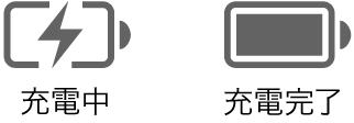 充電中および充電済みバッテリー状況アイコン。