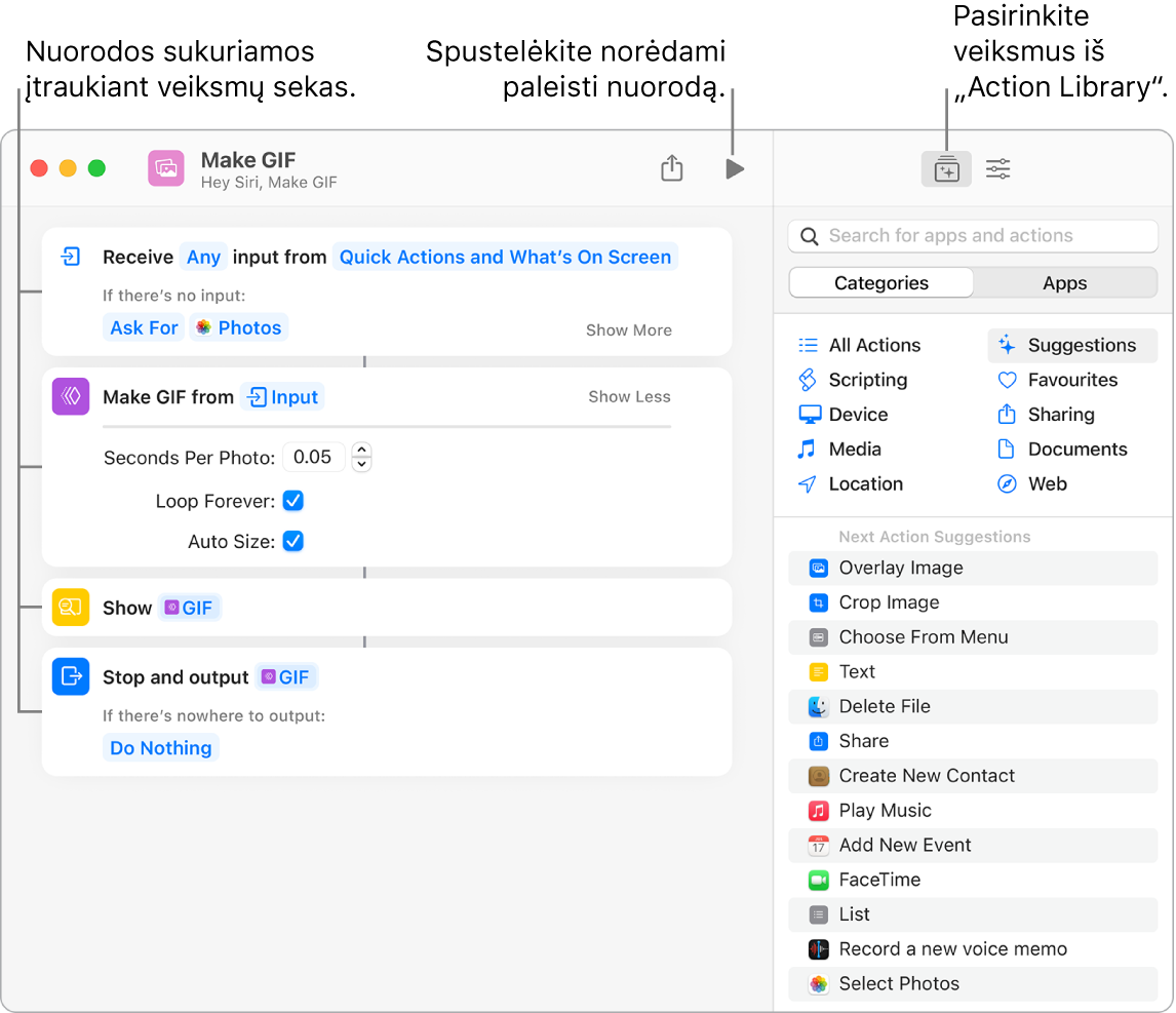 „Make GIF“ nuorodų rengykė kairėje ir veiksmų biblioteka dešinėje.
