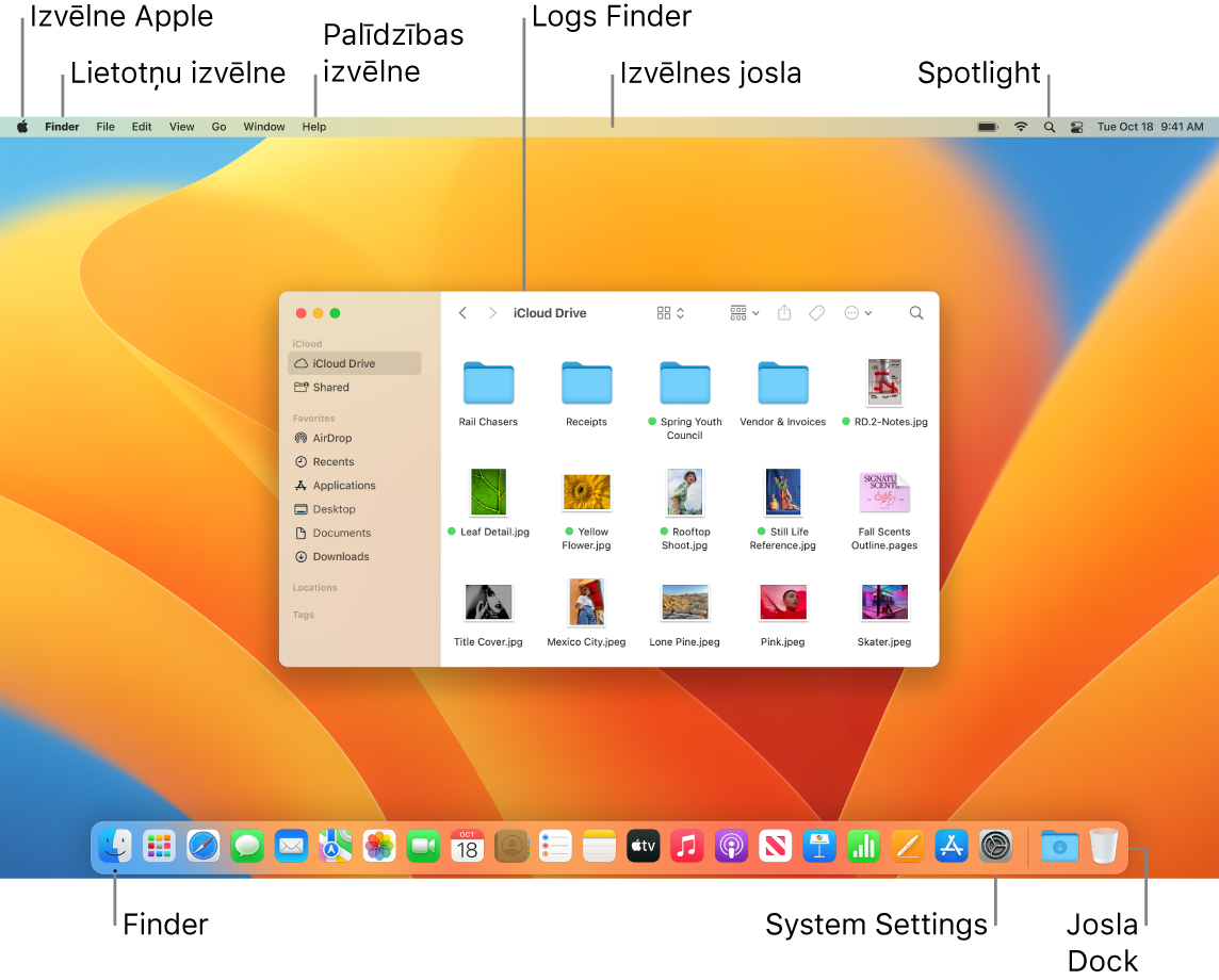 Mac datora ekrānā redzama Apple izvēlne, izvēlne App, izvēlne Help, lietotnes Finder logs, izvēlnes josla, ikona Spotlight, ikona Finder, ikona System Settings un josla Dock.