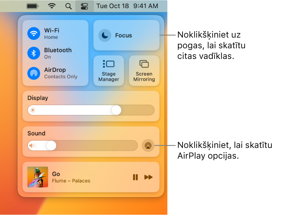 Pietuvināts izvēlnes Notification Center skats Mac datorā ar remarku pie pogas Display.