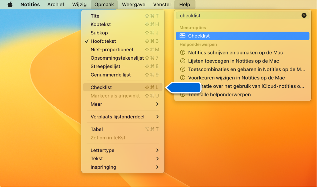 Het Help-menu met een zoekopdracht "lijst" met het commando 'Lijst met opsommingstekens' gemarkeerd in de lijst met resultaten en in het Opmaak-menu.