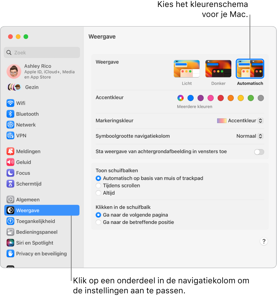 Het venster 'Weergave' in Systeeminstellingen.