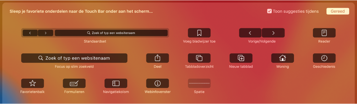 De Safari-regelaars die naar de Touch Bar kunnen worden gesleept.