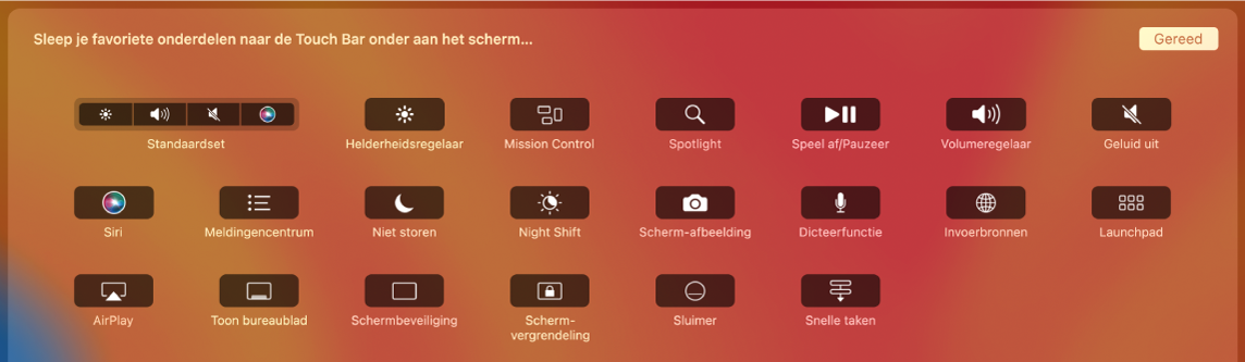 De onderdelen die je kunt aanpassen in de Control Strip door ze naar de Touch Bar te slepen.