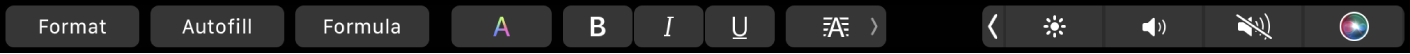 Touch Bar for Numbers med knapper for Format, Autofyll og Formel. Tekstformateringsknapper for farge, halvfet, kursiv, understreking og justering vises også.