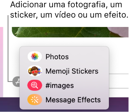 O menu Aplicações com opções para mostrar fotografias, stickers de Memoji, GIF e efeitos de mensagens.