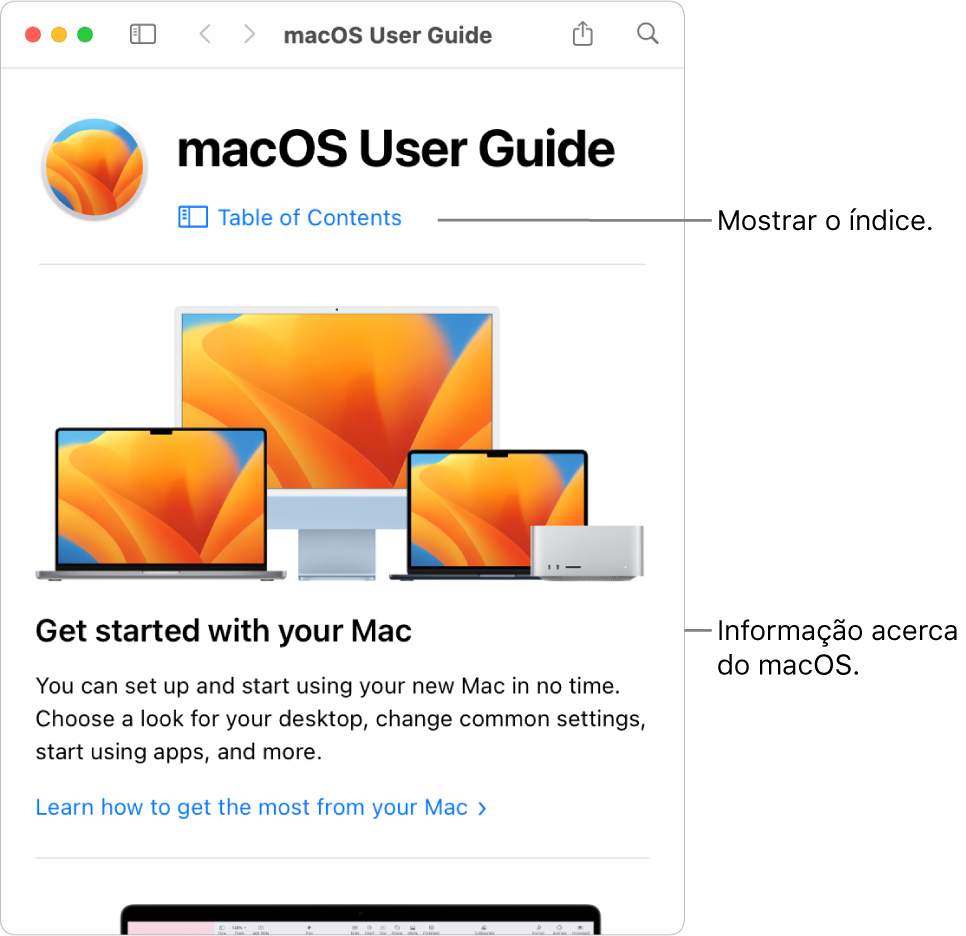 A página de introdução ao Manual de Utilização do macOS a mostrar a hiperligação “Índice”.