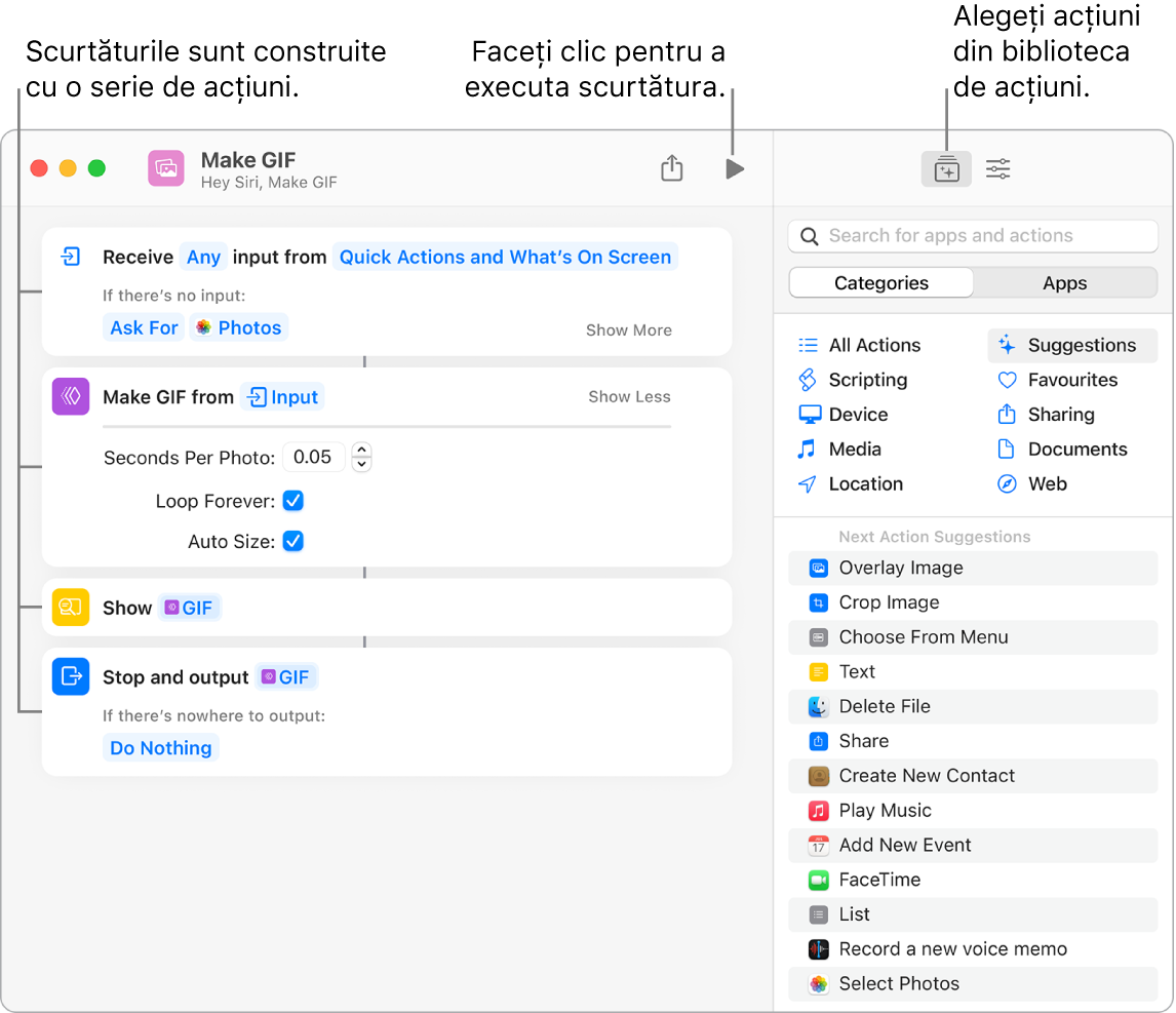 Editorul de scurtături Creare GIF în stânga și biblioteca de acțiuni în dreapta.