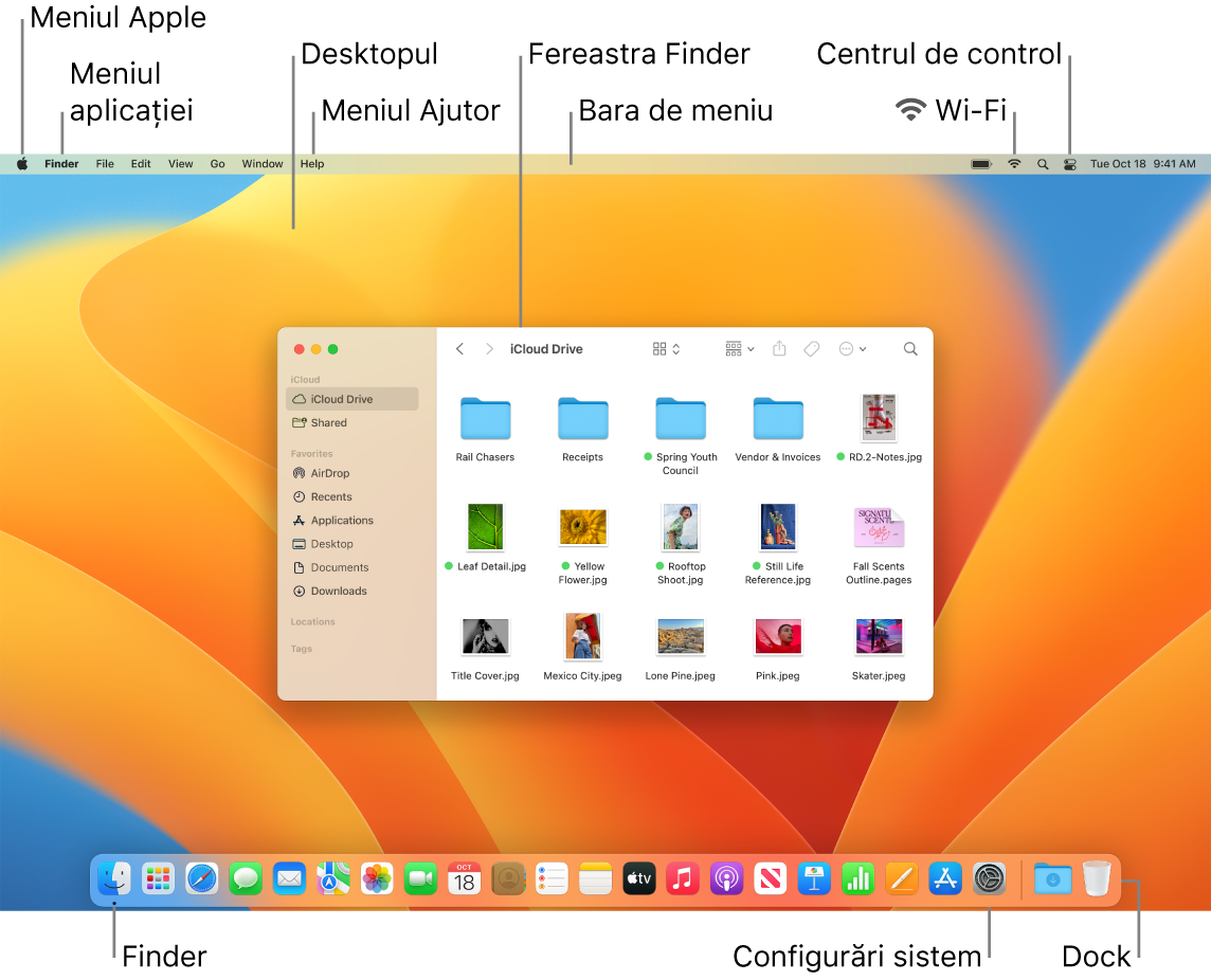 Ecranul unui Mac cu meniul Apple, meniul aplicației, desktopul, meniul Ajutor, o fereastră Finder, bara de meniu, pictograma Wi-Fi, pictograma Centru de control, pictograma Finder, pictograma Configurări sistem și Dock-ul.