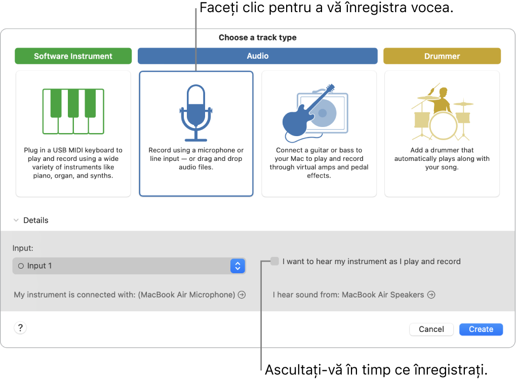 Panoul de instrumente GarageBand indicând unde să faceți clic pentru înregistrare vocală și cum să vă auziți atunci când înregistrați.