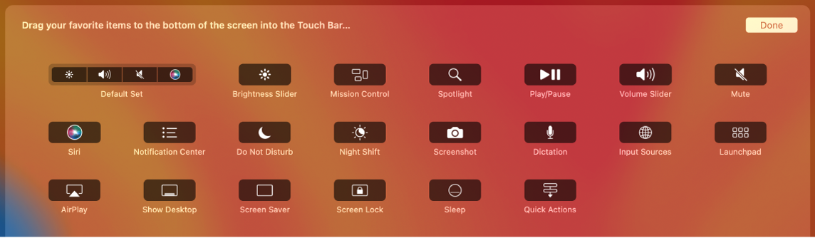 Articolele pe care le puteți personaliza pe Control Strip trăgându‑le în Touch Bar.