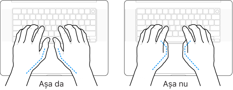 Mâini poziționate deasupra unei tastaturi, indicând alinierea corectă și incorectă a degetelor mari.