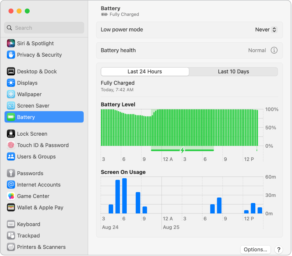 Okno Battery Settings prikazuje zadnjih deset dni porabe energije. Okno tudi navaja, da je Battery Health normalno, in obstaja možnost za vklop načina Low Power Mode.