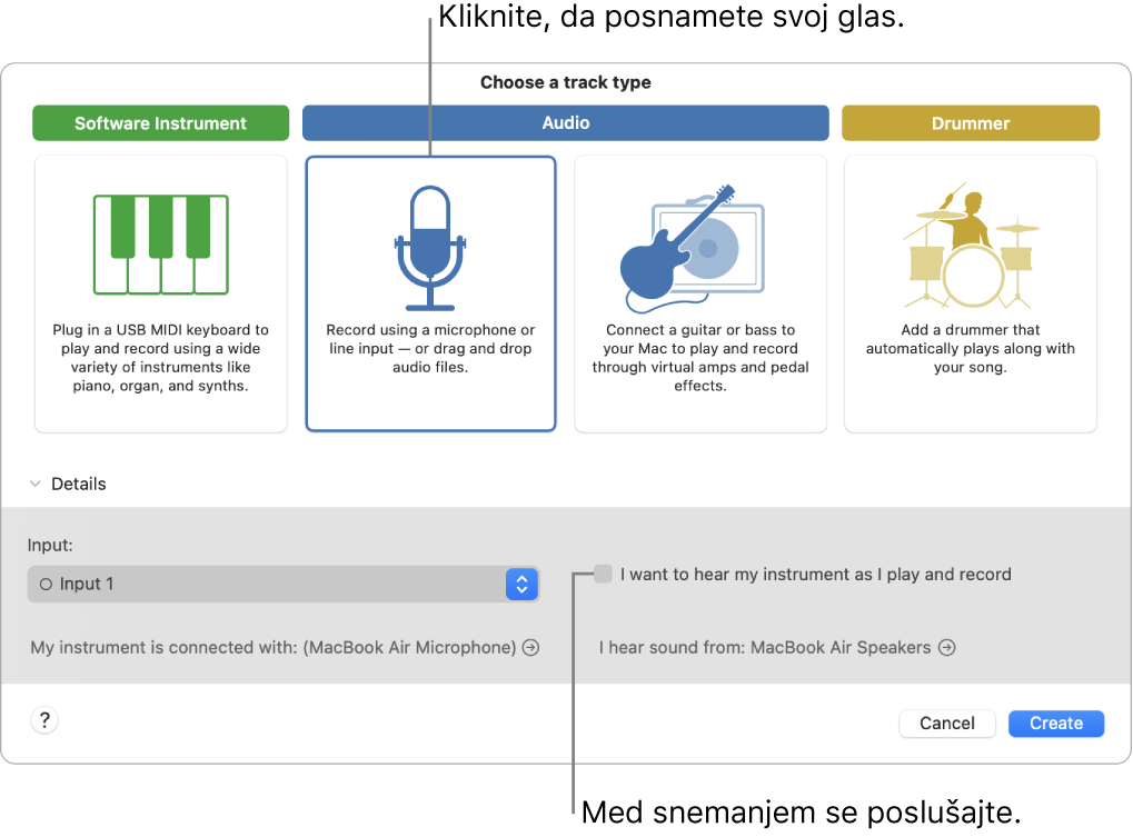 Instrumentna plošča GarageBand, ki prikazuje, kam klikniti, če želite posneti vokal in se med snemanjem poslušati.