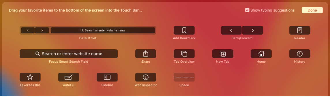 Опції настроювання Safari, які можна перетягнути на панель Touch Bar.