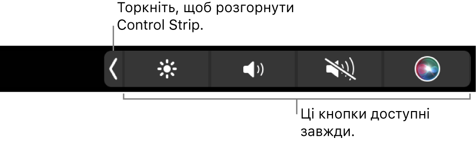 Частковий вигляд стандартної панелі Touch Bar зі згорнутою Control Strip і кнопками, які завжди доступні: яскравість, гучність і вимкнення звуку. Щоб відобразити Control Strip повністю, торкніть кнопку розгортання.