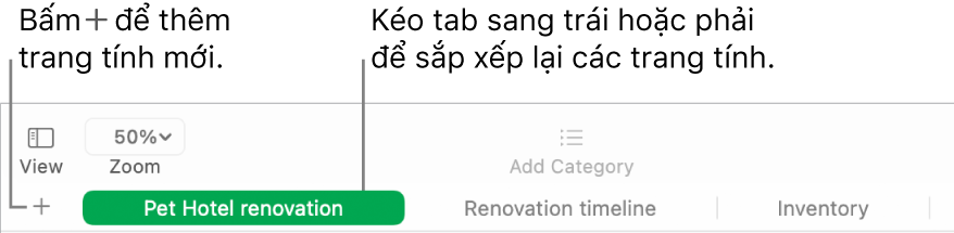 Cửa sổ Numbers đang minh họa cách thêm một trang tính mới và cách sắp xếp lại các trang tính.