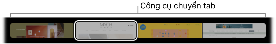 Công cụ chuyển tab trong Touch Bar Safari. Công cụ này hiển thị một bản xem trước nhỏ của mỗi tab được mở.