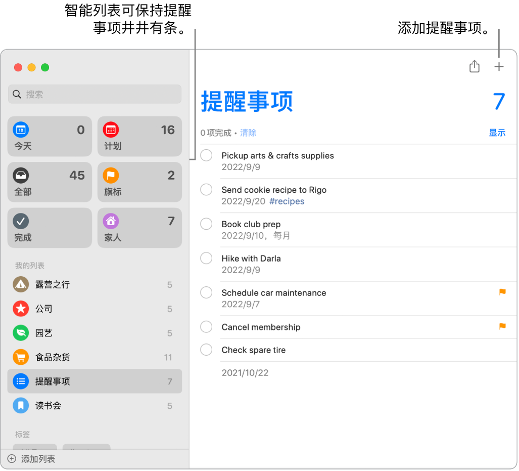 “提醒事项”窗口，左侧是智能列表，下方是其他提醒事项和列表。指针位于提醒事项中。标注指向智能列表和“添加新提醒事项”按钮。