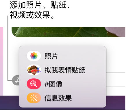 App 菜单，包含的选项可用于显示照片、拟我表情贴纸、GIF 和信息效果。