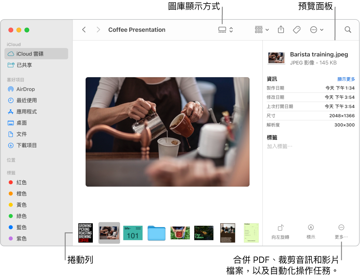以「圖庫顯示方式」開啟的 Finder 視窗，顯示一張大型照片，下方是一列小照片（即捲動列）。旋轉、標示等功能的控制項目位於捲動列右方。