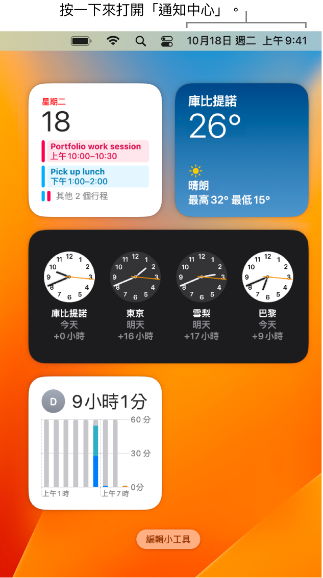 「通知中心」顯示通知，以及「照片」、「家庭」、「行事曆」和「螢幕使用時間」小工具。