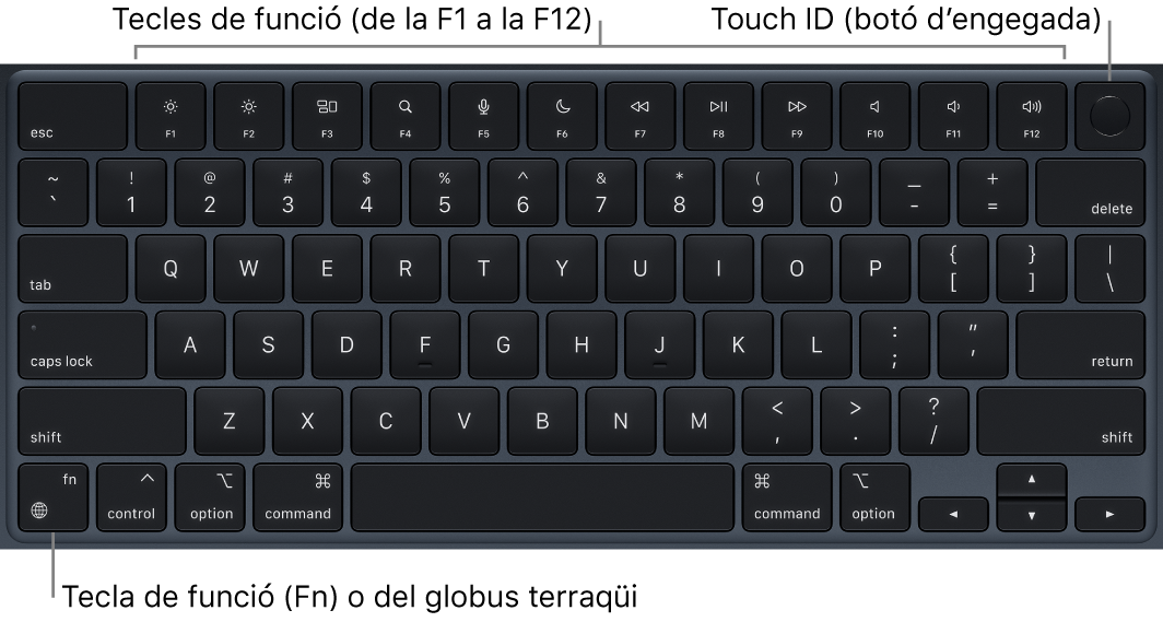 Teclat del MacBook Air en què es veu la filera de tecles de funció i el Touch ID (botó d’engegada) a la part superior, i la tecla Funció (Fn) o del globus terraqüi a l’angle inferior esquerre.