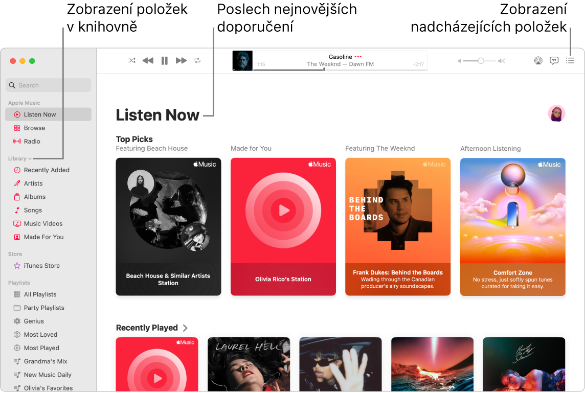 Okno aplikace Hudba s informacemi o tom, jak zobrazit knihovnu, jak poslouchat hudbu z Apple Music a jak se podívat, co bude hrát dál.