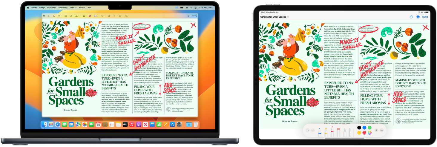 Ein MacBook Air und ein iPad nebeneinander. Auf beiden Bildschirmen wird ein Artikel mit roten Markierungen wie durchgestrichenen Sätzen und hinzugefügten Wörtern angezeigt. Auf dem iPad-Bildschirm werden unten Steuerelemente für Markierungen angezeigt.
