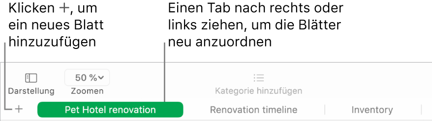 Numbers-Fenster mit Informationen zum Hinzufügen eines neuen Rechenblatts und zum Neuanordnen der Blätter