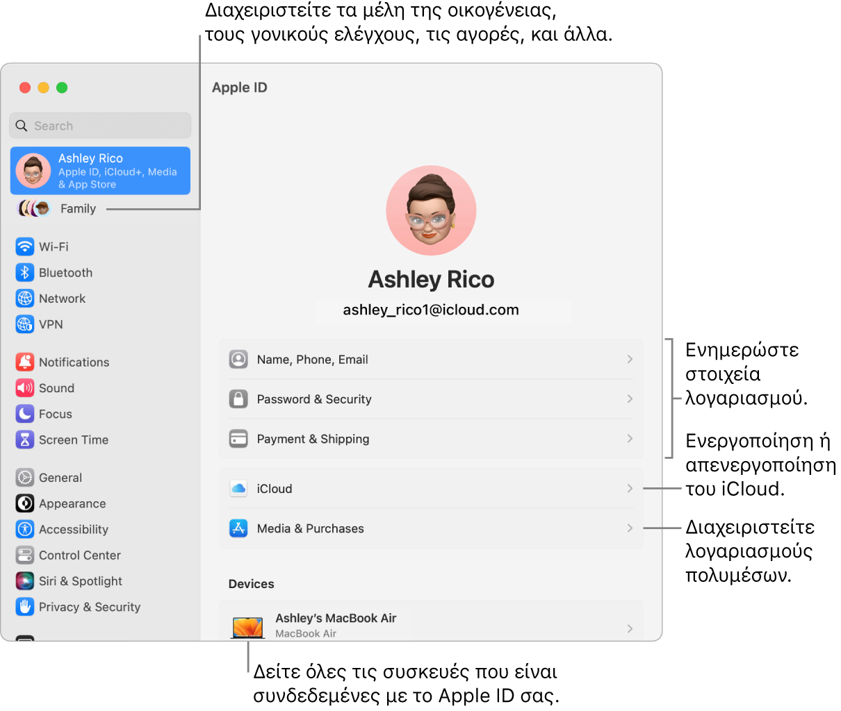 Οι ρυθμίσεις Apple ID στις Ρυθμίσεις συστήματος με επεξηγήσεις για ενημέρωση των στοιχείων λογαριασμού, ενεργοποίηση ή απενεργοποίηση δυνατοτήτων iCloud, διαχείριση λογαριασμών πολυμέσων, και η Οικογένεια όπου μπορείτε να διαχειριστείτε τα μέλη οικογένειας, τον γονικό έλεγχο, τις αγορές και πολλά άλλα.