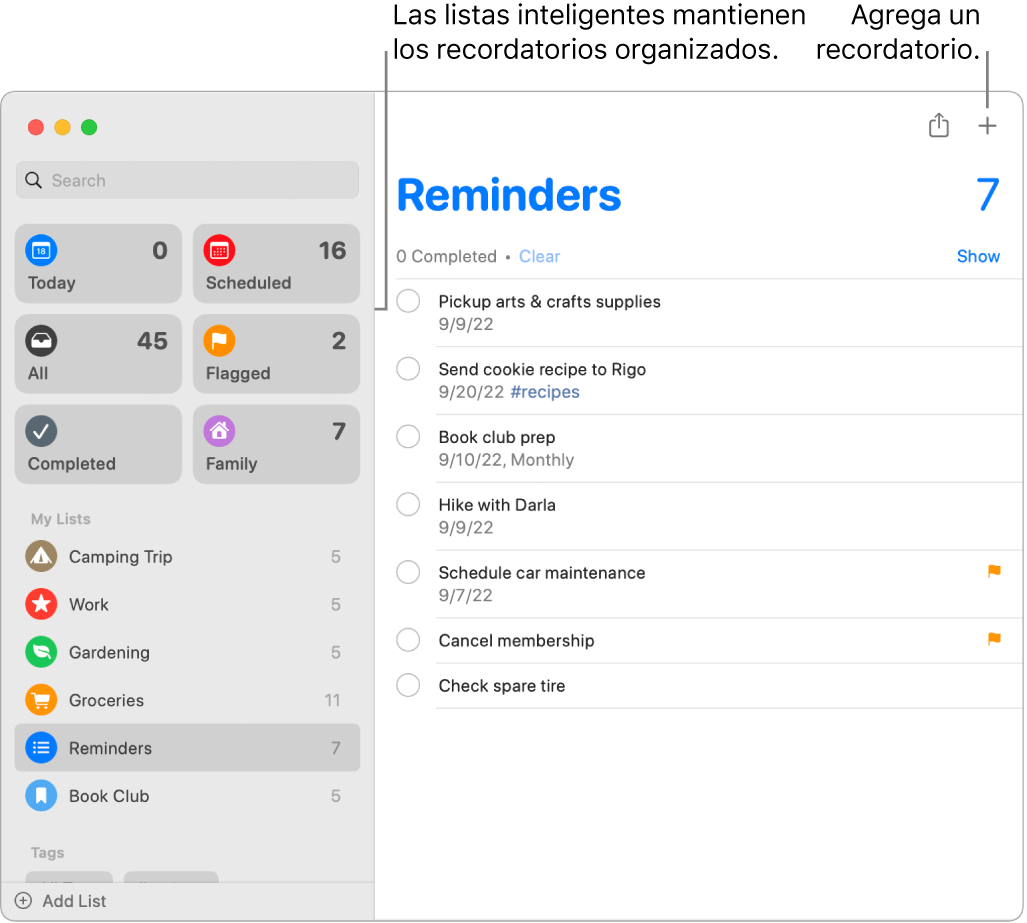 Una ventana de la app Recordatorios con listas inteligentes en el lado izquierdo, y otros recordatorios y listas debajo. El puntero está en un recordatorio. Hay globos para las listas inteligentes y para el botón Agregar un nuevo recordatorio.