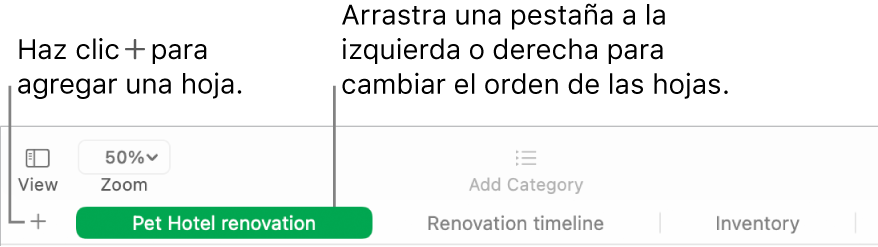 Ventana de Numbers mostrando cómo agregar una hoja nueva y cómo cambiar el orden de las hojas.