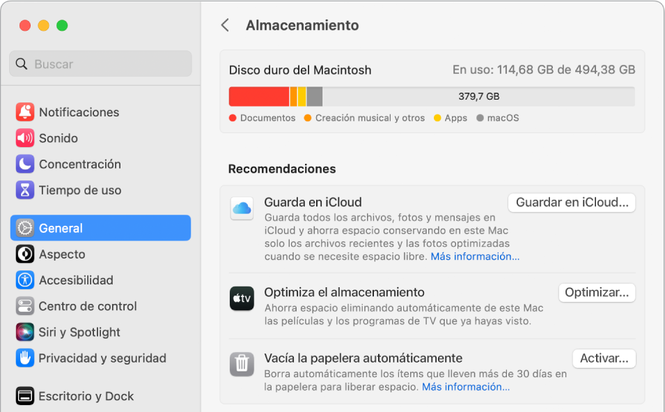 Los ajustes de Recomendaciones para almacenamiento, que muestra las opciones “Guardar en iCloud”, “Optimizar el almacenamiento” y “Vaciar la papelera automáticamente”.