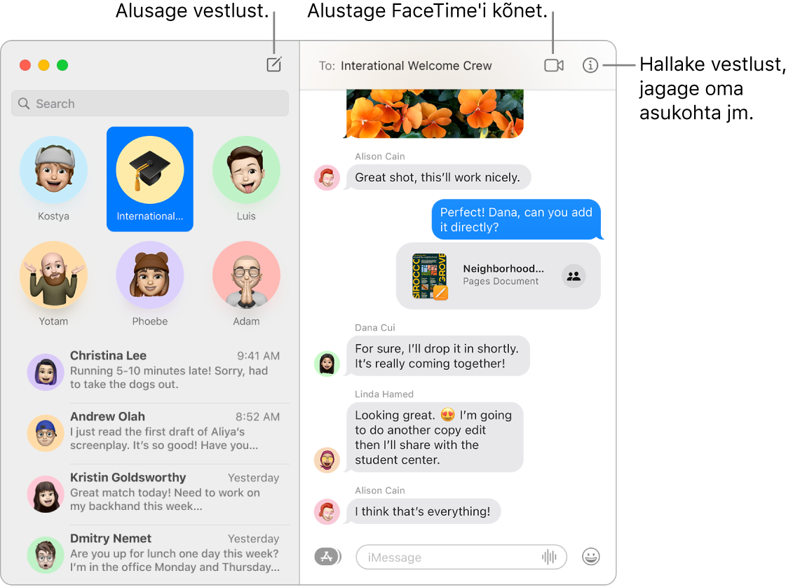 Rakenduse Messages aknas näidatakse kuidas alustada vestlust ning FaceTime'i kõne.