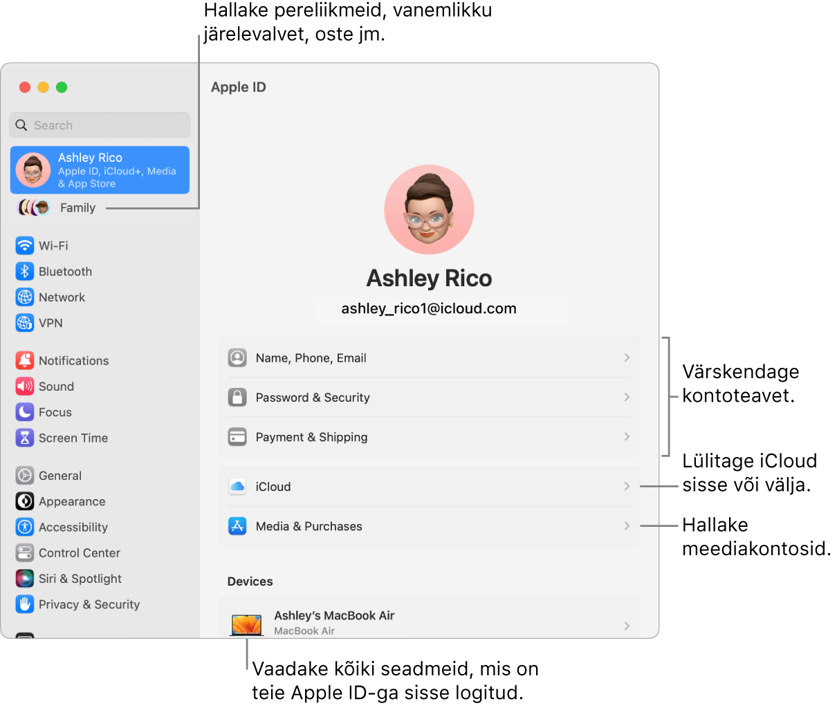 Apple ID seaded jaotises System Settings väljaviikudega kontoinfo värskendamiseks, iCloudi funktsioonide sisse või välja lülitamiseks, meediakontode haldamiseks ning jaotis Family, kust saate hallata pereliikmeid, vanemlikku järelvalvet, oste jm.