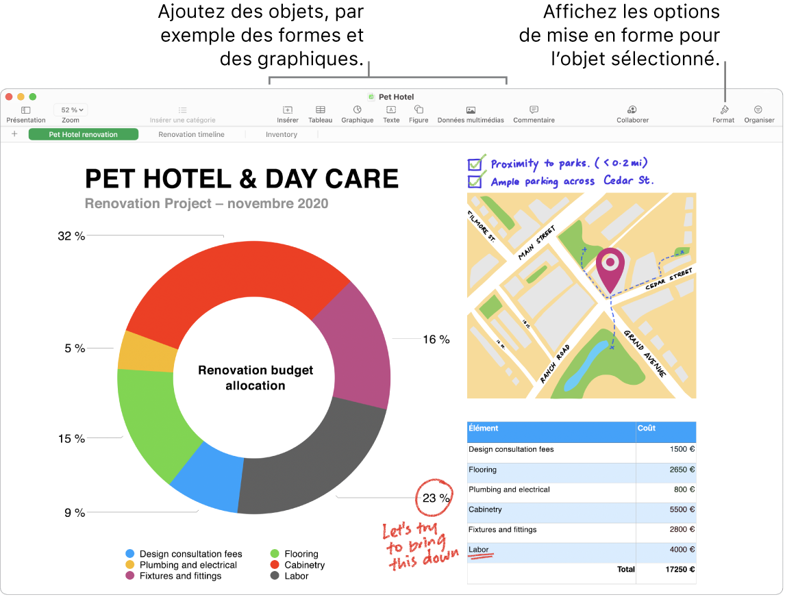 Fenêtre de Numbers avec la barre d’outils et ses outils d’édition en haut, le bouton Collaborer près du haut à droite, et les boutons Format et Organiser à droite.