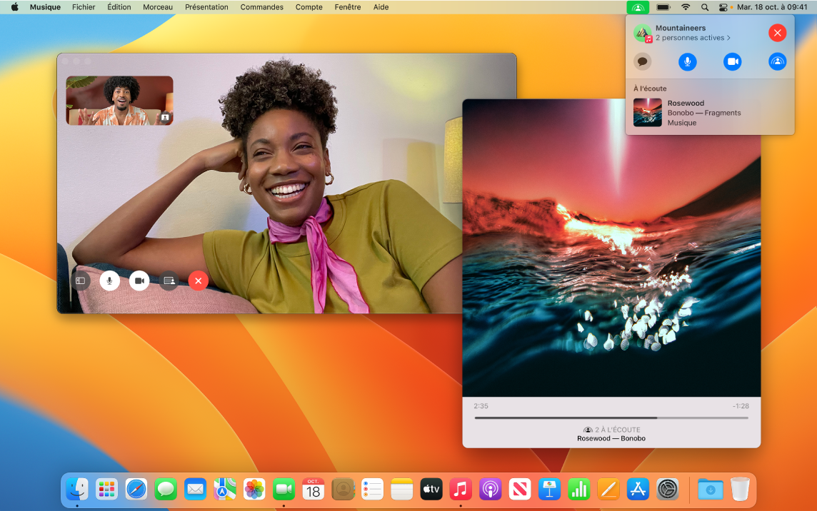 Expérience d’écoute partagée avec les participants dans la fenêtre FaceTime et une fenêtre de l’app Musique qui lit un morceau.