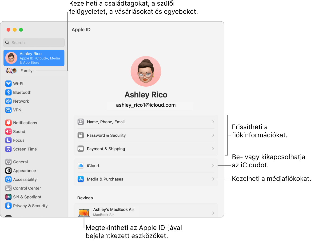 A Rendszerbeállítások Apple ID beállításai a fiókadatok frissítésére, az iCloud-funkciók be- vagy kikapcsolására, a médiafiókok kezelésére és a Családra (itt kezelheti a családtagokat, a szülői felügyeletet, a vásárlásokat stb.) mutató képfeliratokkal.