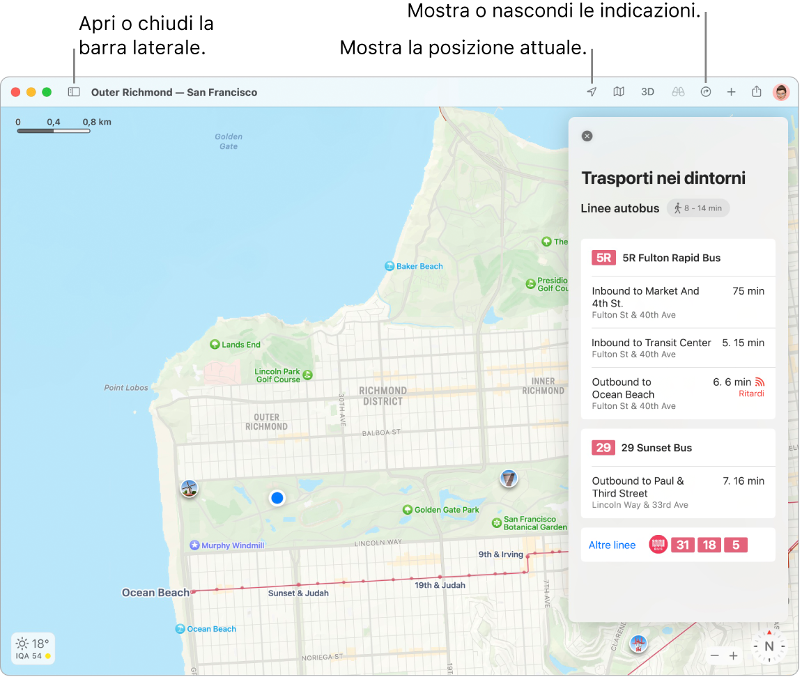 Una finestra di Mappe che mostra come ottenere indicazioni facendo clic su una destinazione nella barra laterale, come aprire o chiudere la barra laterale e come trovare la tua posizione attuale sulla mappa.