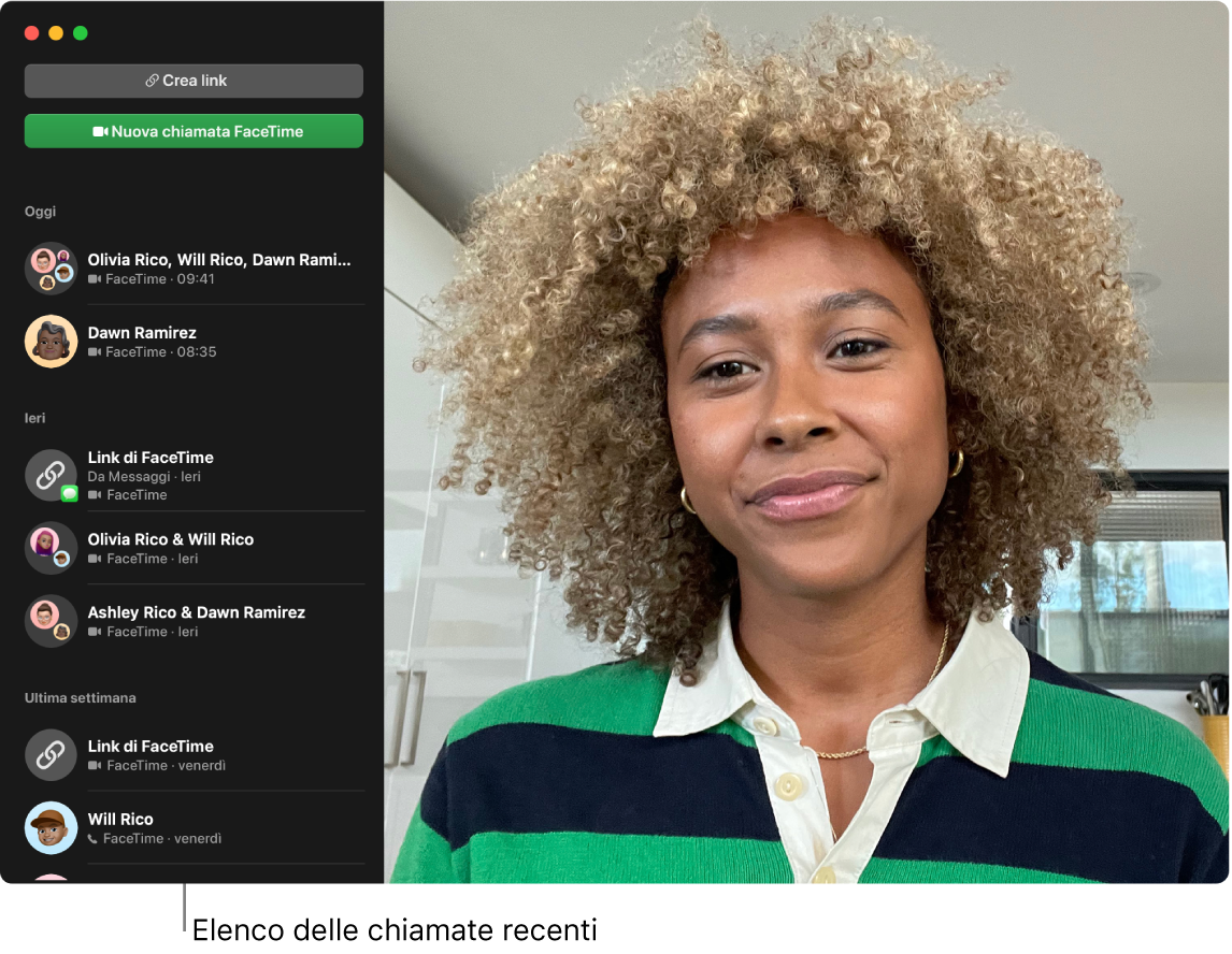 Una finestra di FaceTime che mostra i pulsanti per creare un link per una chiamata FaceTime o per iniziarne una nuova e un elenco di chiamate recenti.