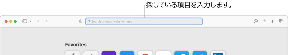 切り取ったSafariウインドウ。ウインドウ上部にある検索フィールドへのコールアウト。