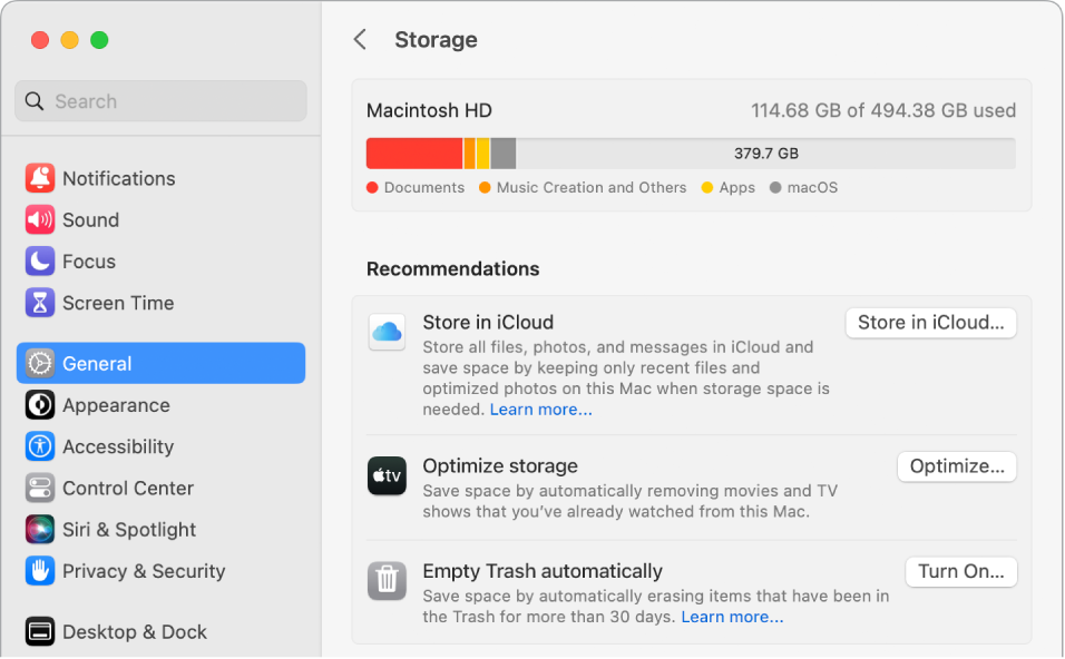 Store in iCloud, Optimize Storage және Empty Trash Automatically параметрлерін көрсетіп тұрған сақтауға арналған Recommendations параметрлері.